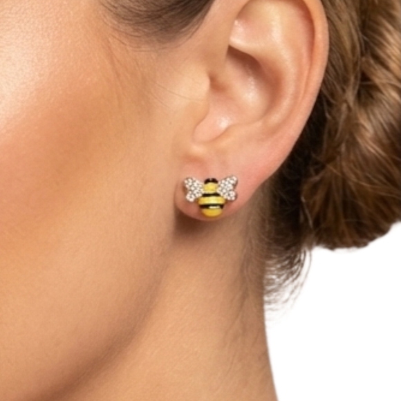 Betsey Johnson Bee Crystal Stud Earrings Yellow Black Gold Tone NWT - Picture 4 of 6